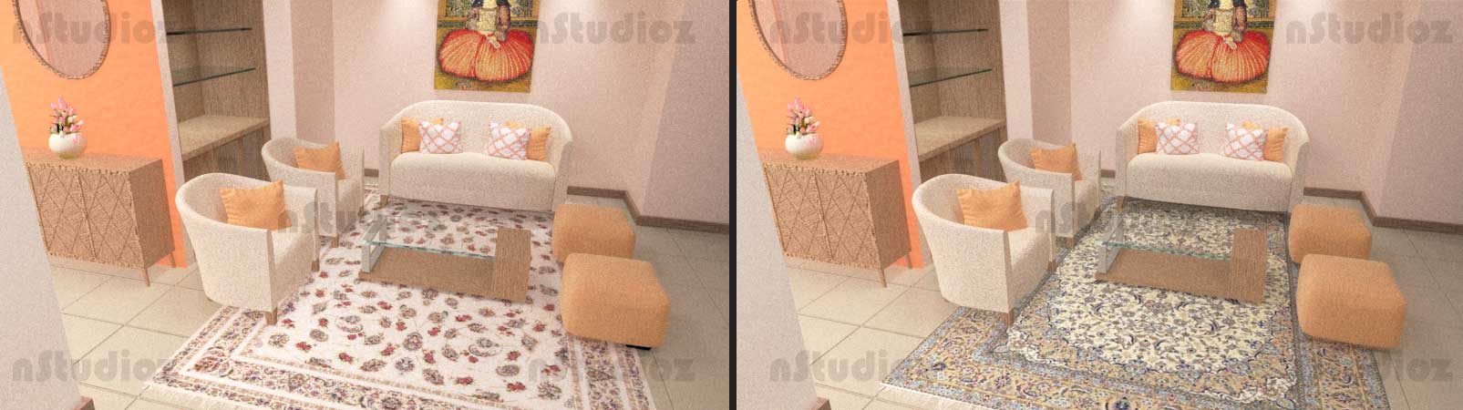 مقایسه فرش با طرح ریز و شلوغ و درشت و خلوت در فضای خانه
